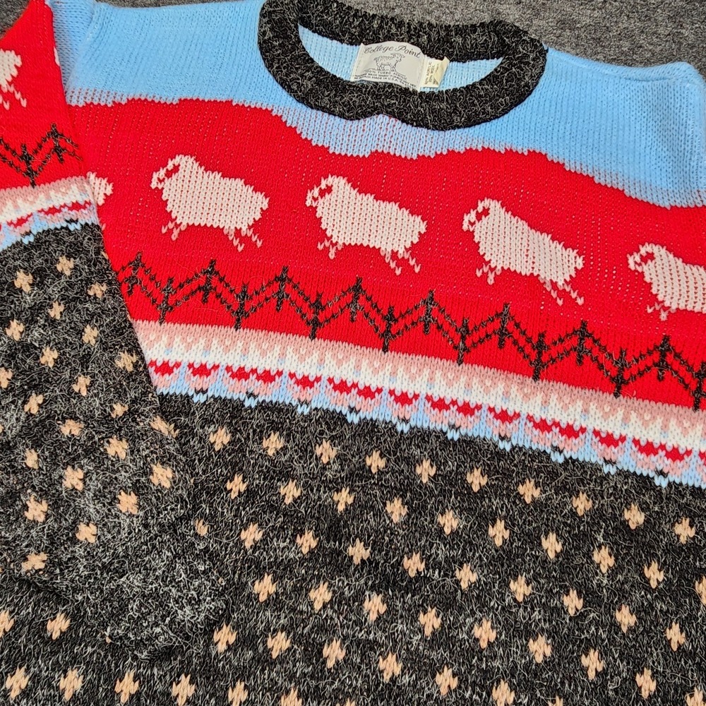 College Point Vtg Womens Sweater Sheep Jumping Fence Large Wool Cabincore Granny